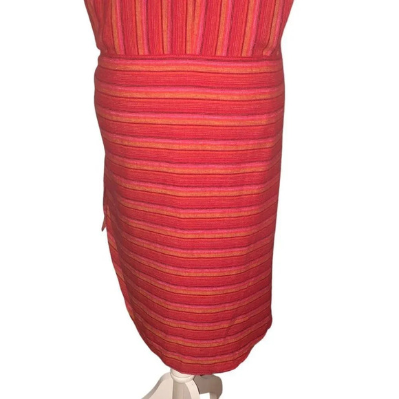Drew Sz M Women's Striped Red Pink Orange Linen Blend Wrap Waist Tie Front Dress - Picture 10 of 10